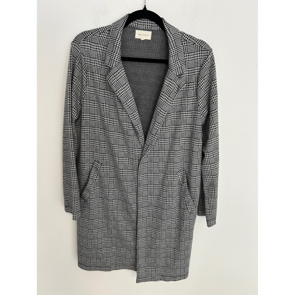 Melloday Womens Glen Plaid Open Front Longline Blazer Coat Black White Size M